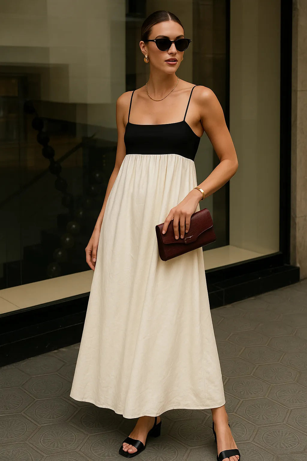 Mulher elegante com o Vestido Milano em ambiente urbano, usando clutch vinho e óculos escuros para compor um visual sofisticado.