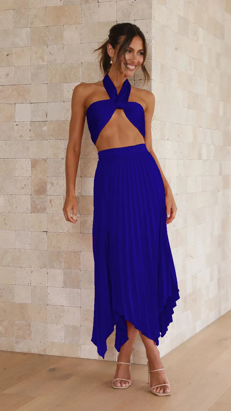 Conjunto plissado Selênia azul cobalto moderno com saia midi plissada