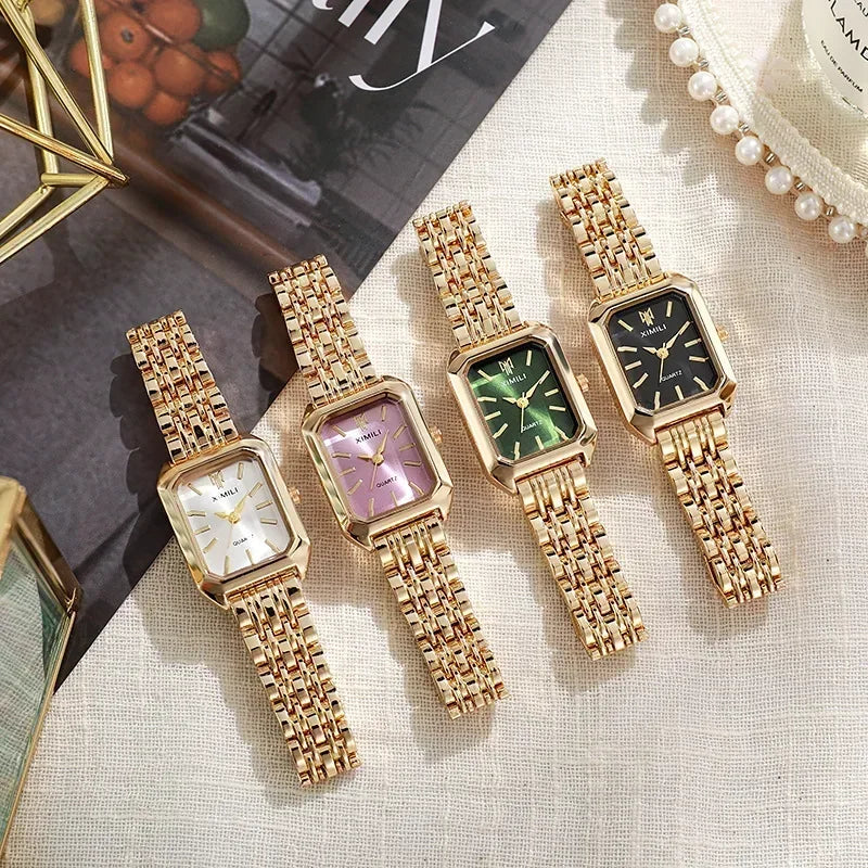 Relógios Verona com pulseira dourada nas cores rosa, branco, preto, verde e azul, opções variadas de mostrador