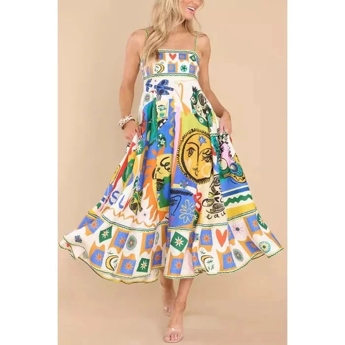 Mulher usando o Vestido Aquarela com estampa multicolorida e saia fluida em ambiente neutro