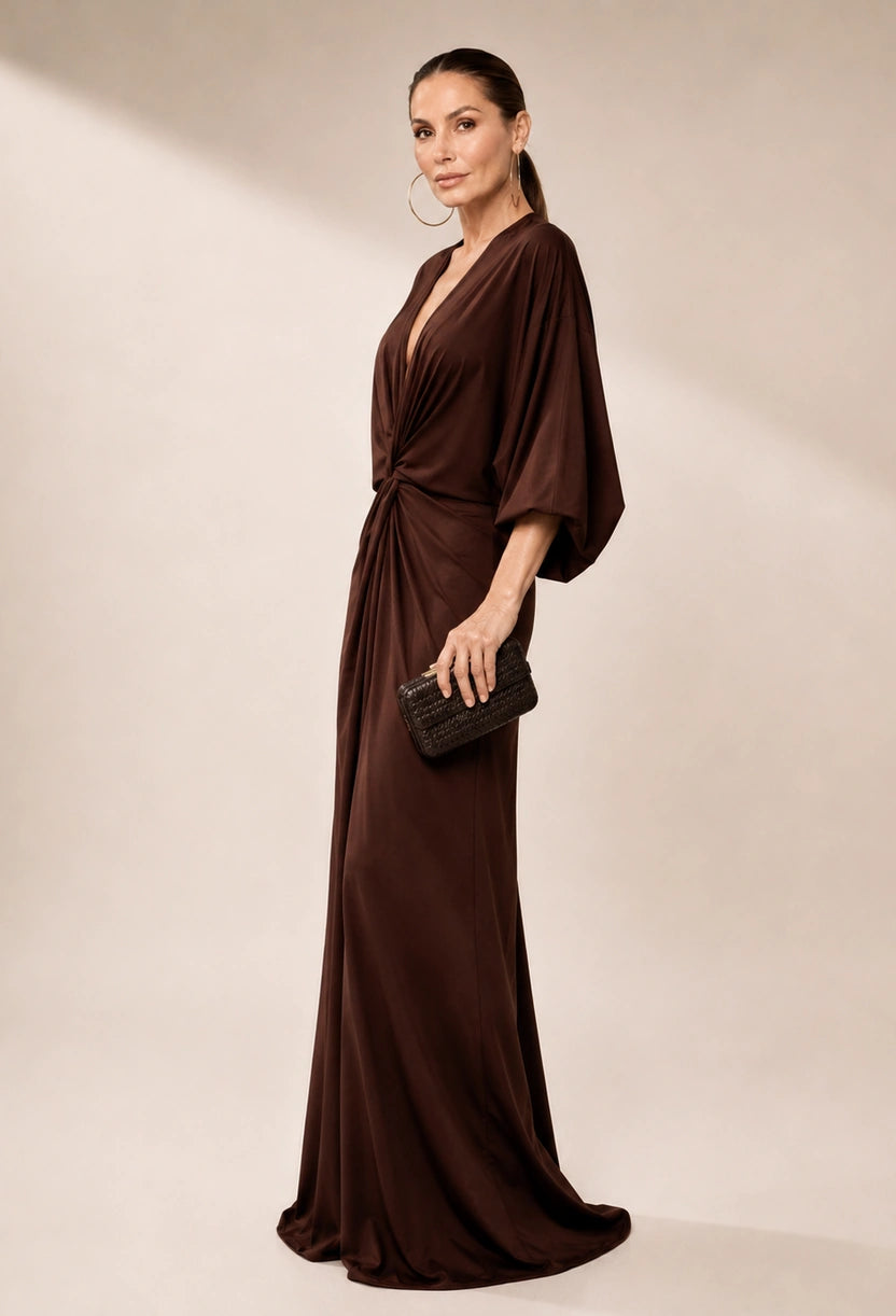 Vestido Jully manga longa vista lateral, comprimento longo e caimento impecável – Dress Eleven