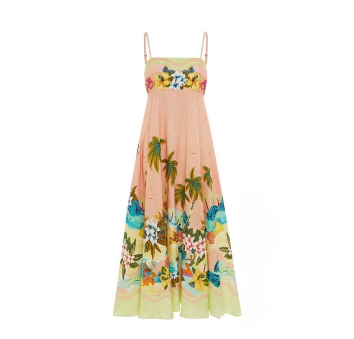 Vestido midi tropical com estampa praiana e fundo claro, imagem do produto em fundo neutro.