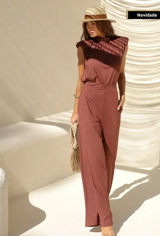 Conjunto chocolate de gola alta e pantalona, look old money feminino — Dress Eleven