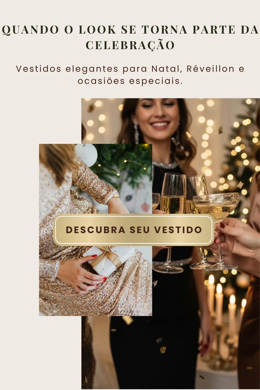 Vestidos elegantes da Dress Eleven para Natal, Réveillon e festas de fim de ano. Banner promocional com mulheres brindando e usando looks sofisticados, ideal para quem busca vestidos femininos de festa e elegância.