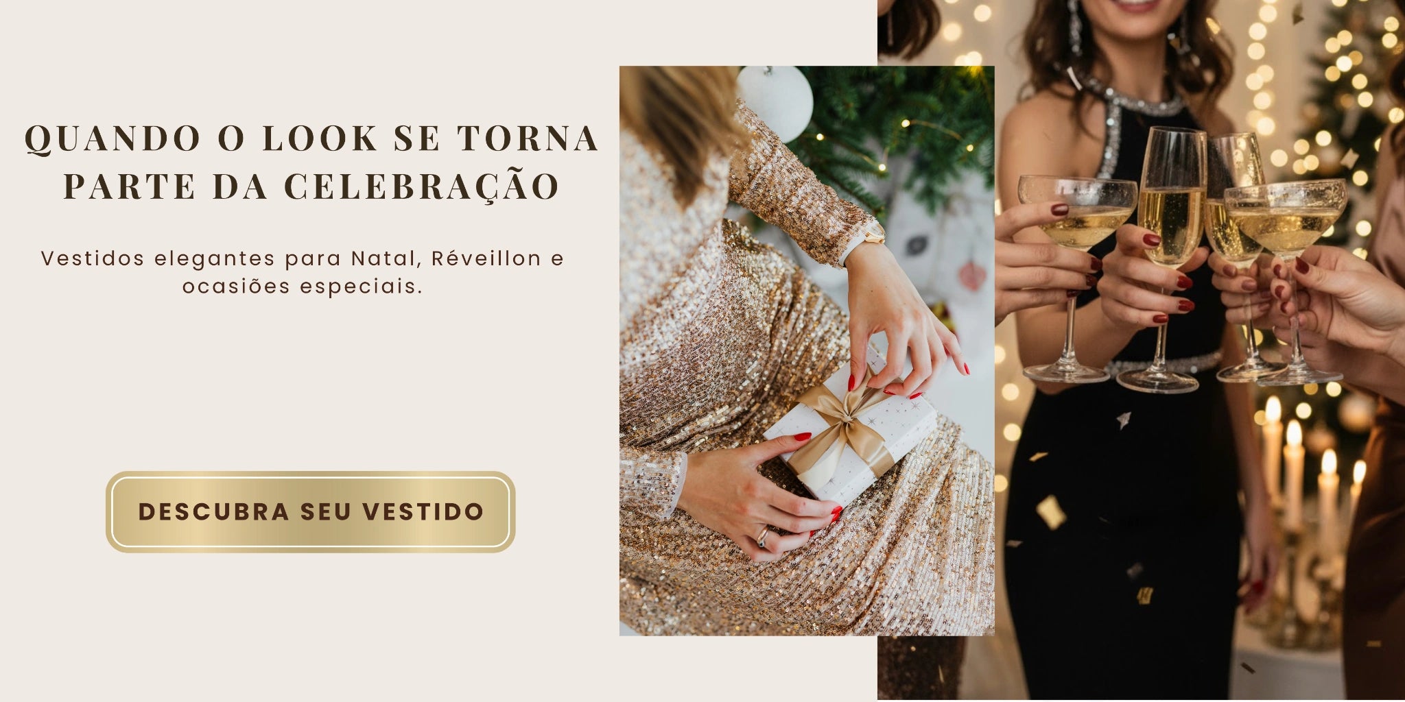 Vestidos elegantes da Dress Eleven para Natal, Réveillon e festas de fim de ano. Banner promocional com mulheres brindando e usando looks sofisticados, ideal para quem busca vestidos femininos de festa e elegância atemporal.