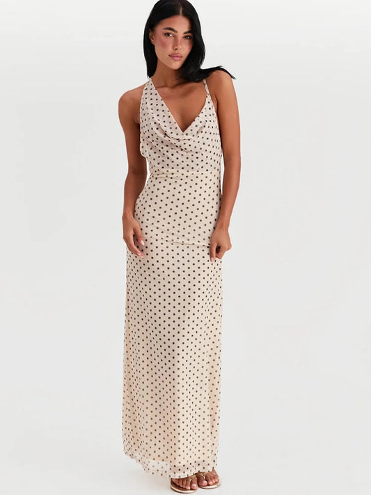 Vestido Melina Longo Poá Decote Drapeado Dress11