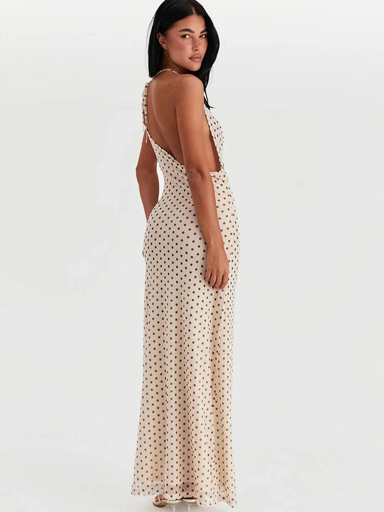 Vestido Melina Longo Poá Decote Drapeado Dress11
