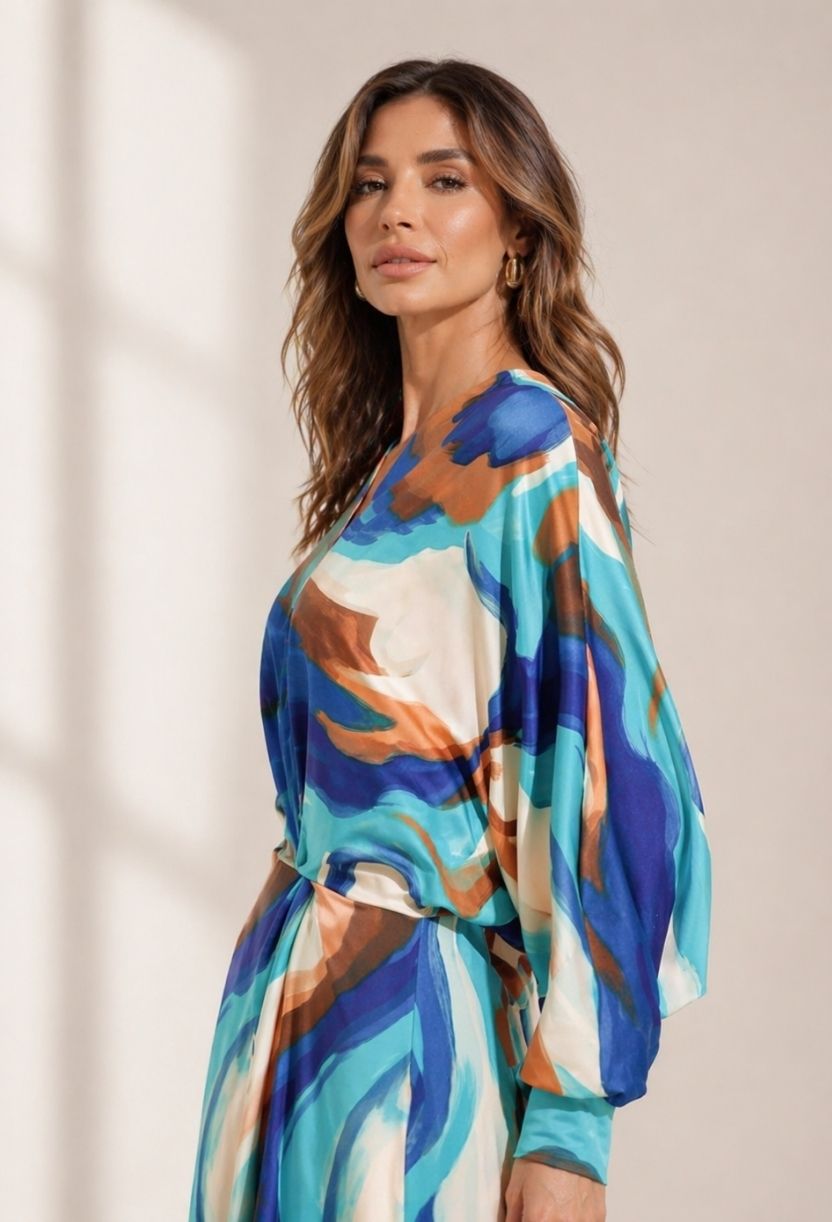 Detalhe de vestido feminino fluido com cores terrosas e azul, ideal para presentear mães que buscam elegância 