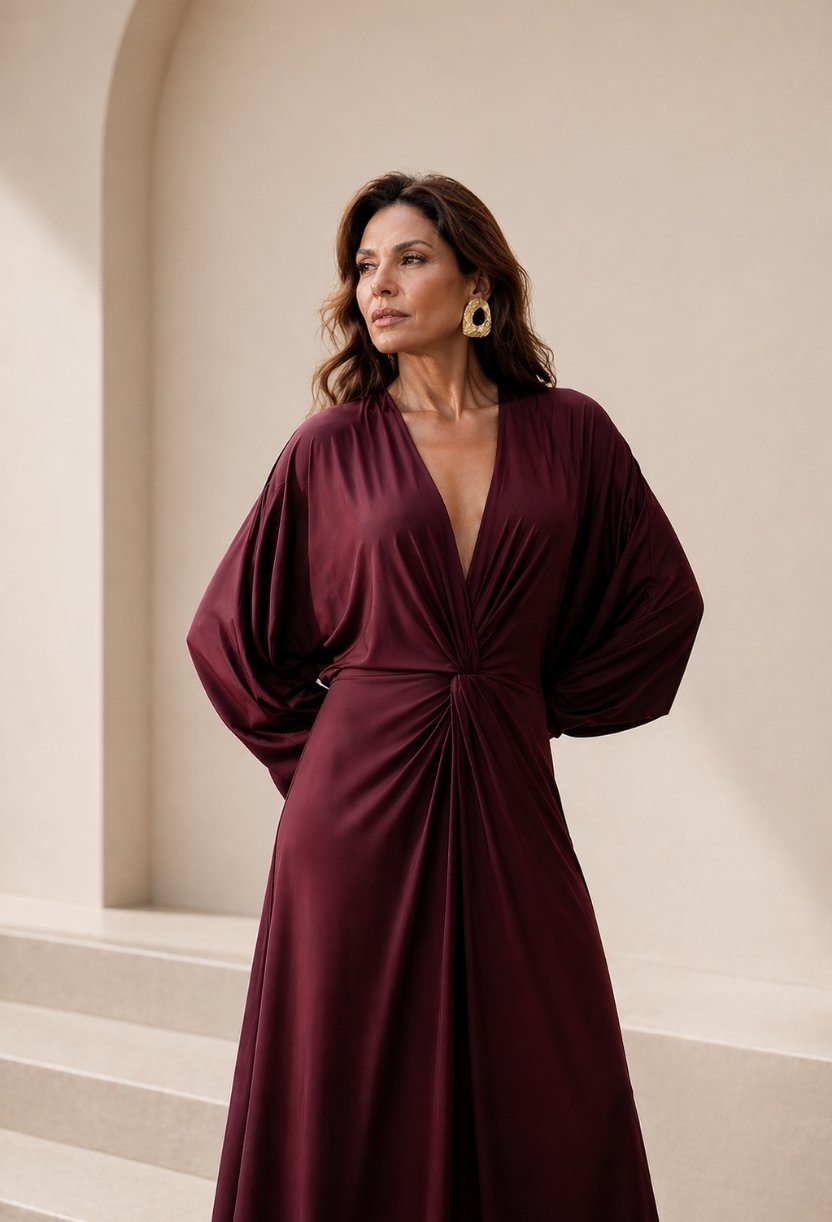 Vestido longo elegante com mangas amplas e nó na cintura, caimento fluido e sofisticado, ideal para eventos e ocasiões especiais Dress Eleven