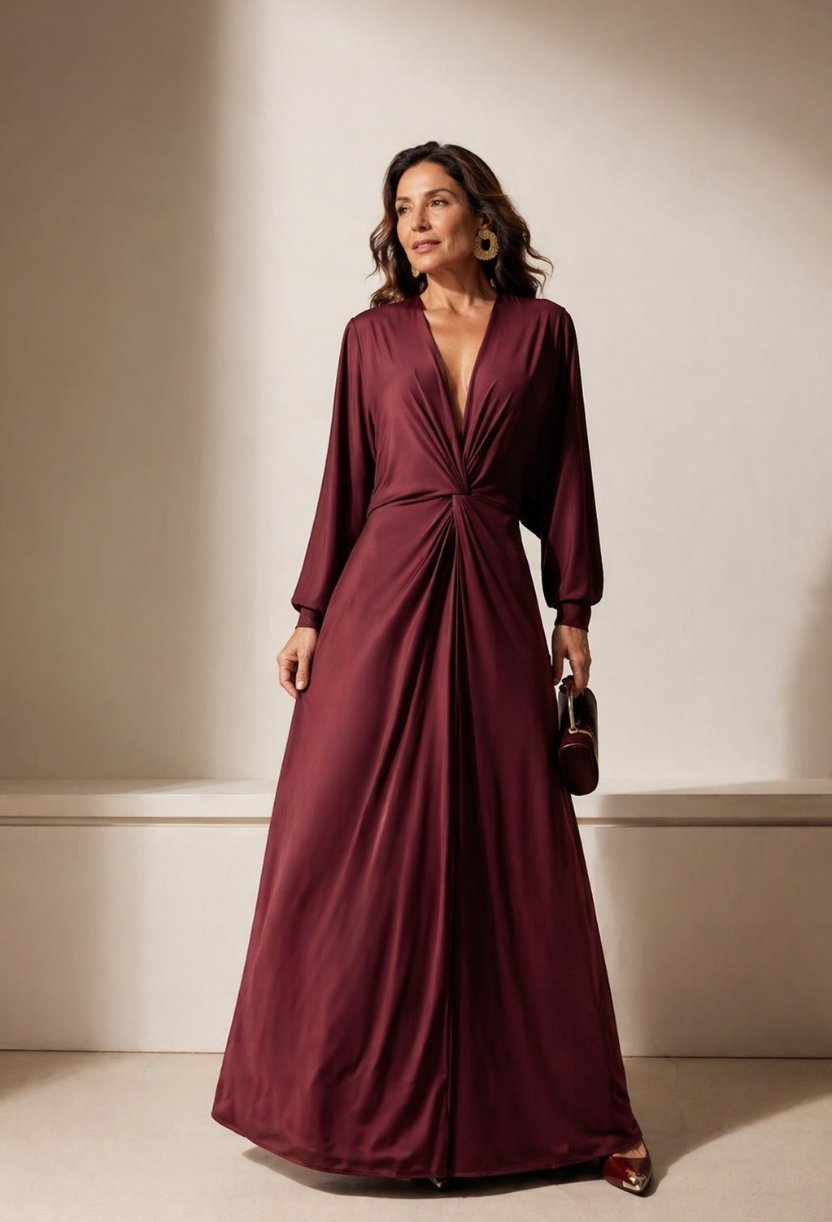 Vestido longo elegante , presente de dia das mães com mangas amplas e nó na cintura, caimento fluido e sofisticado, ideal para eventos e ocasiões especiais Dress Eleven