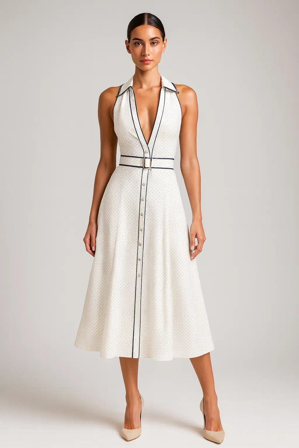 Modelo usando o Vestido Diora midi branco com estampa de poás e detalhes em azul marinho, vista frontal