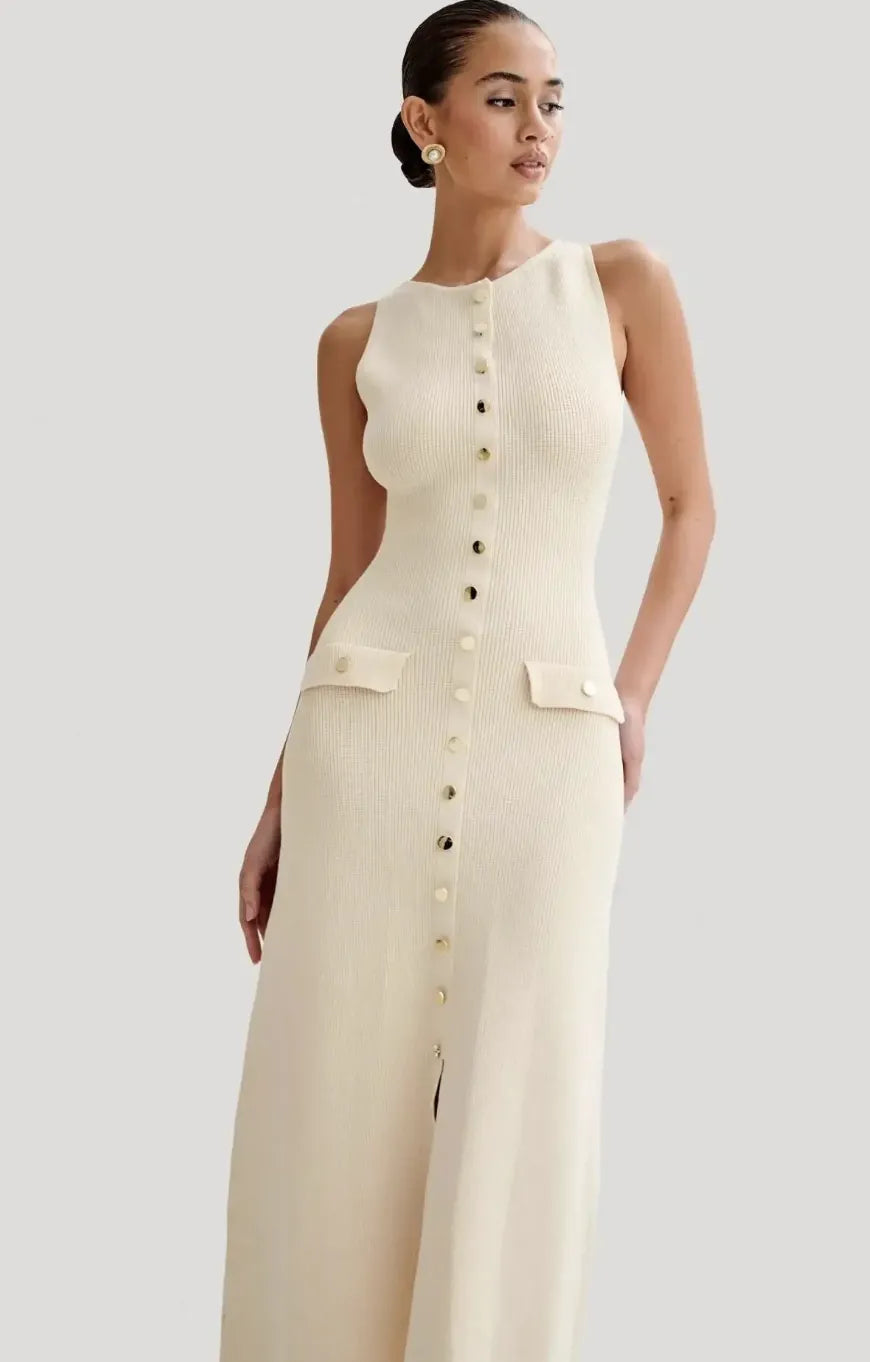 Vestido Eloise em tom bege, com gola canoa e detalhes de bolso, usado por modelo em fundo neutro.

