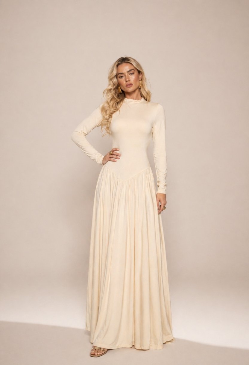 vestido longo gola alta antonella dress eleven modelo em pe mao na cintura look sofisticado