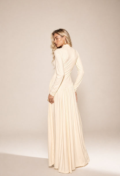 vestido longo gola alta antonella dress eleven vista costas saia rodada feminina elegante