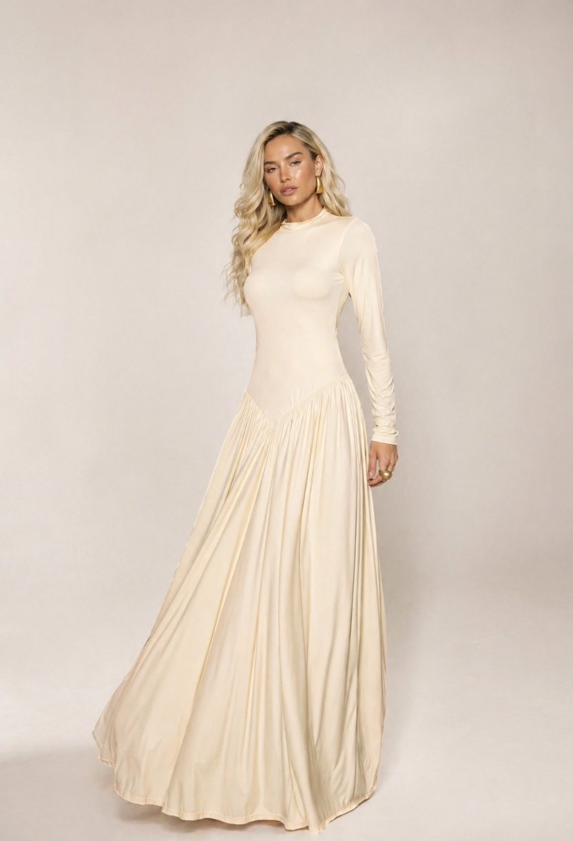 vestido longo gola alta saia fluida antonella dress eleven foto lateral com movimento elegante