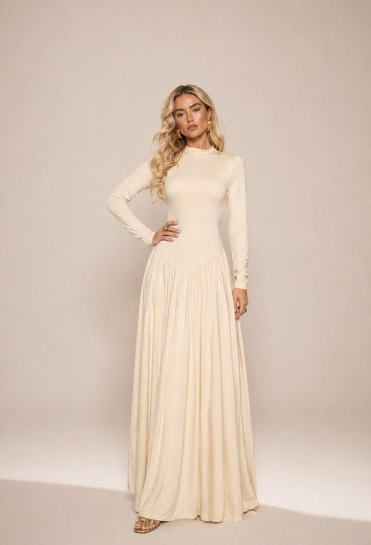 vestido longo gola alta saia rodada feminino elegante antonella dress eleven frente corpo inteiro