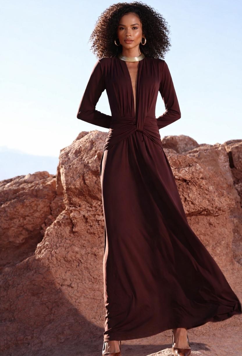 Vestido longo Lara Dress Eleven em malha fluit cor chocolate com decote profundo e mangas longas.