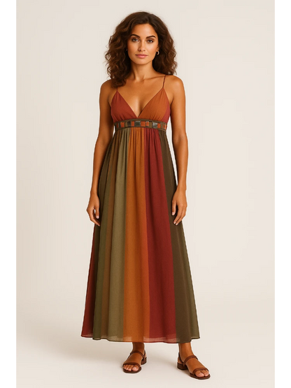 Mulher usando vestido longo multicolorido com alças finas, estilo boho elegante

