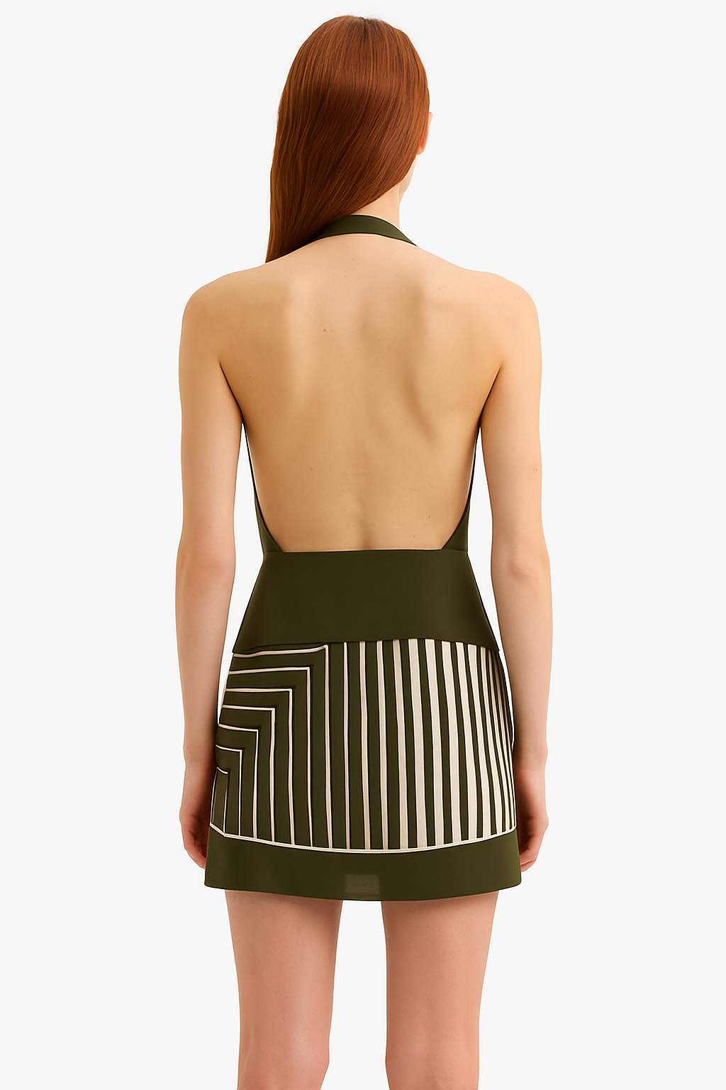 Parte traseira do Vestido Rubi com decote profundo e modelagem ajustada, sem mangas
