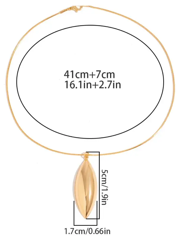 Colar dourado minimalista com pingente alongado e medidas indicadas, ideal para looks elegantes