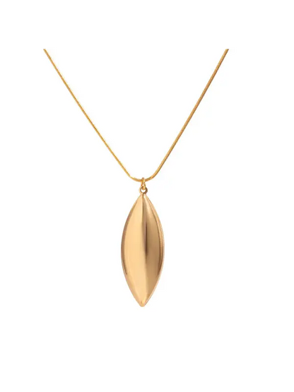 Colar feminino dourado minimalista com pingente alongado em formato de folha, perfeito para looks sofisticados