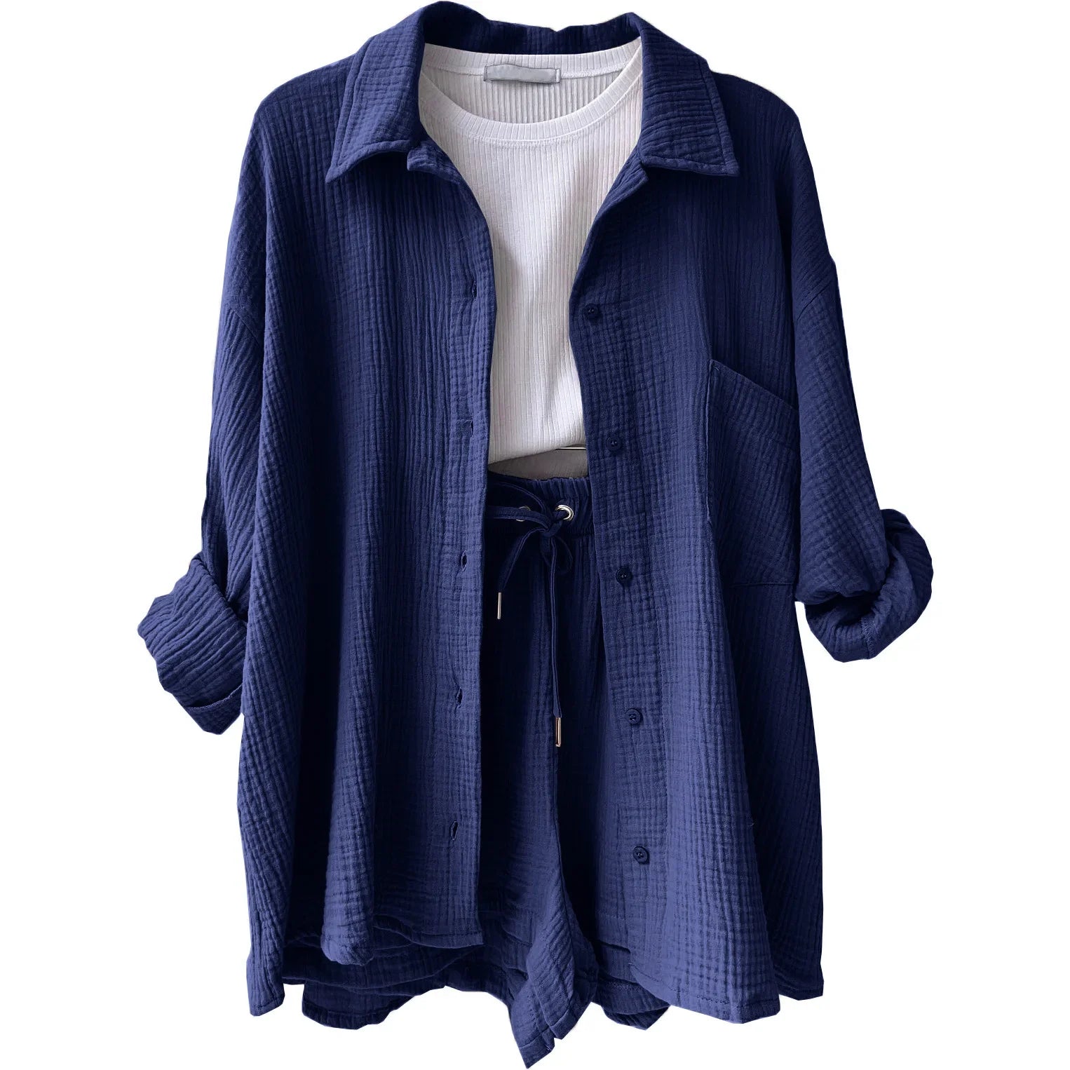 Conjunto azul marinho com textura suave e visual elegante, ideal para dias casuais chiques.