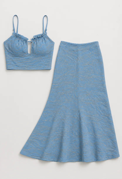 Conjunto feminino Capri azul completo, top bordado e saia midi para ocasioes especiais