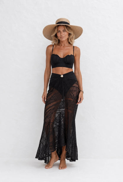 Conjunto Grécia em macramê preto, vista lateral da modelagem — Dress Eleven