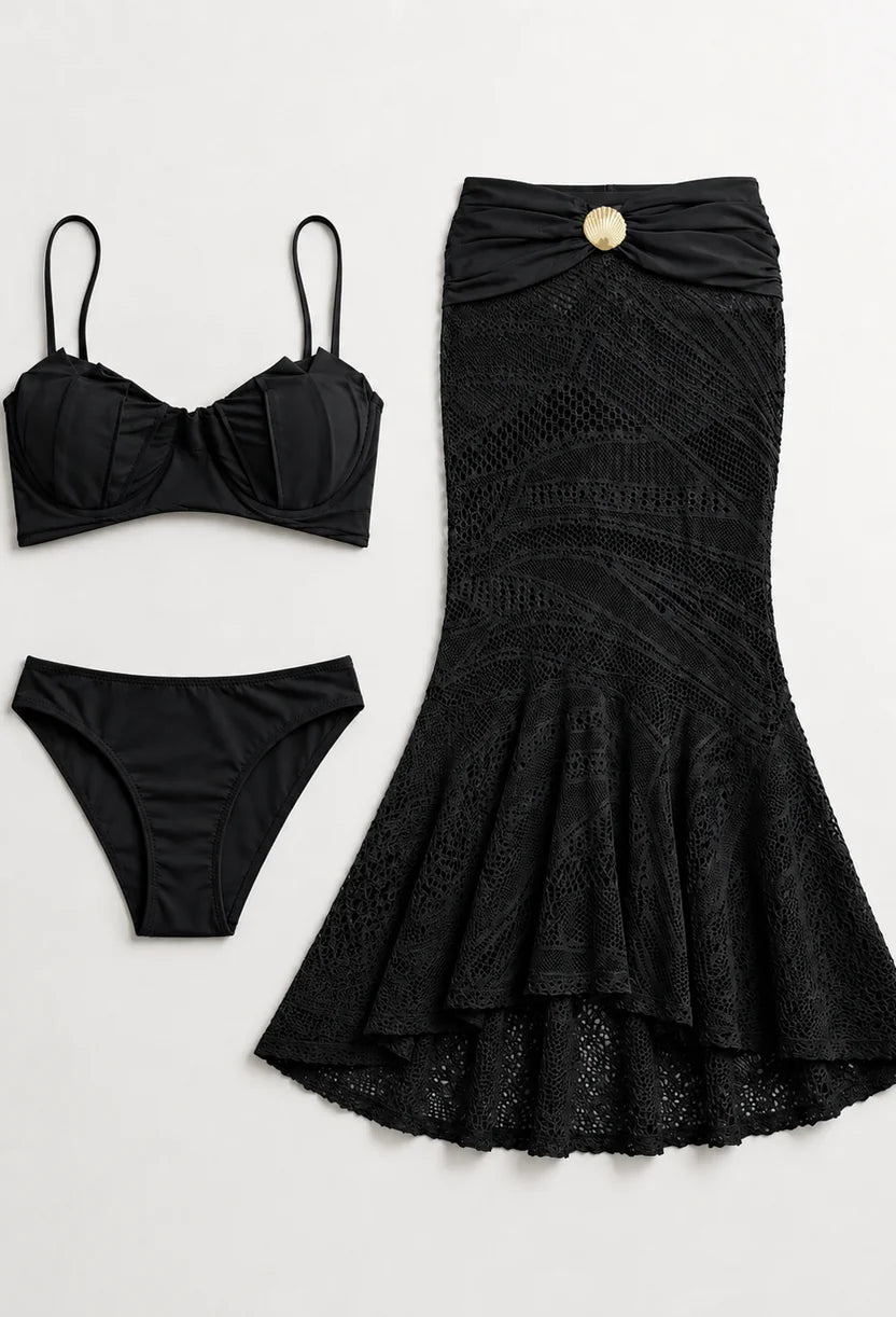 Saia franzida com aviamento de metal do Conjunto Grécia em macramê preto — Dress Eleven