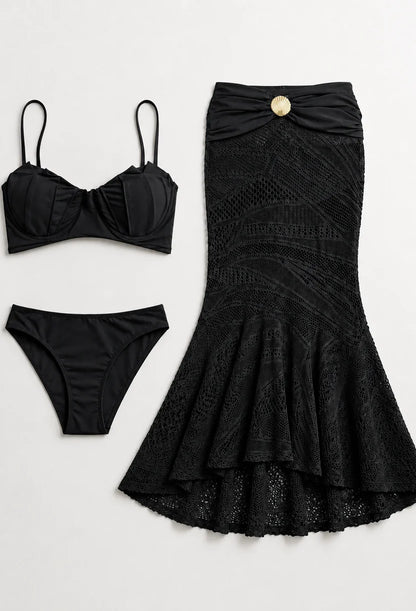 Saia franzida com aviamento de metal do Conjunto Grécia em macramê preto — Dress Eleven