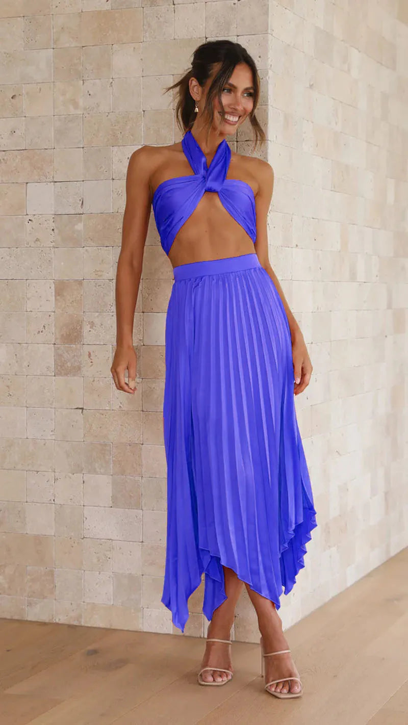 Conjunto plissado Selênia azul royal com top torcido e saia midi plissada
