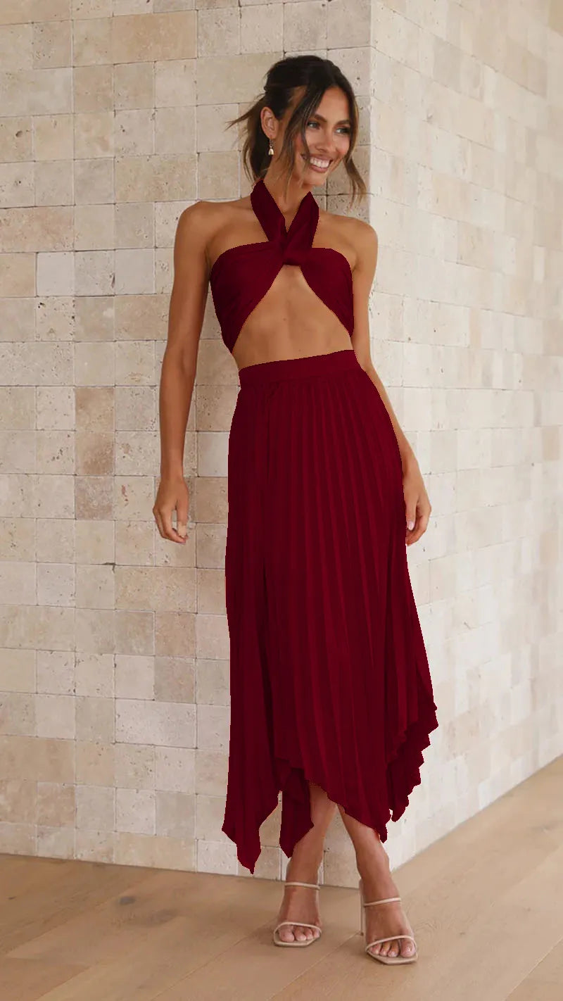 Conjunto plissado Selênia vinho com top torcido e saia midi plissada elegante