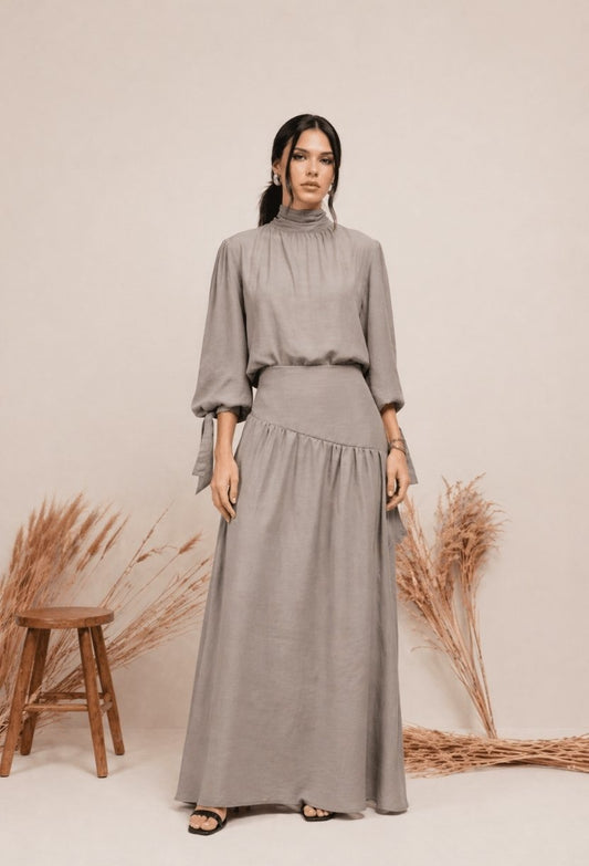 conjunto feminino elegante com blusa gola alta e saia longa fluida look completo moderno dress eleven