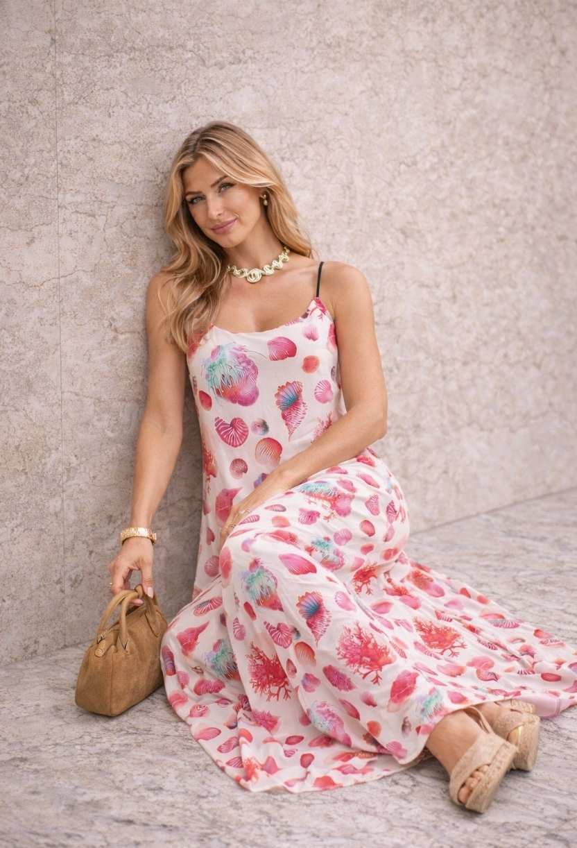 Modelo sentada usando o vestido longo Corália da coleção resort Dress Eleven, destacando a fluidez do tecido em tons de rosa.