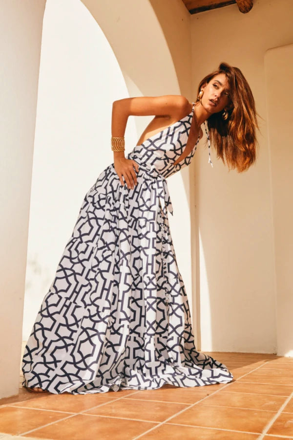 Vestido Maia Longo Geométrico Decote Halter