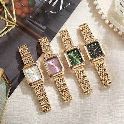 Relógios Verona com pulseira dourada nas cores rosa, branco, preto, verde e azul, opções variadas de mostrador