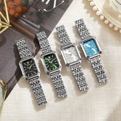 Relógios Verona com pulseira prata e mostradores coloridos: branco, preto, verde e azul, design elegante