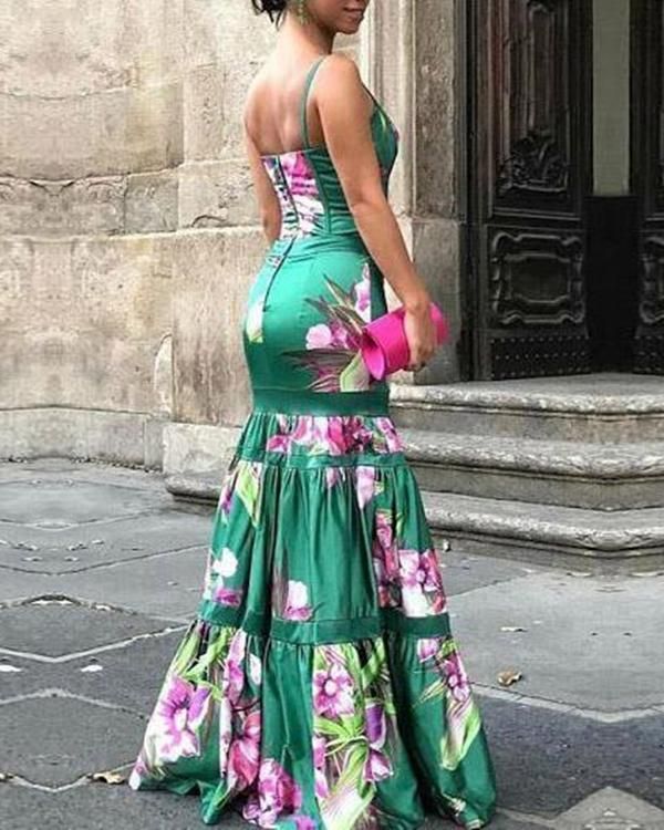 Vestido Jasmin longo estampado, costas abertas e caimento fluido