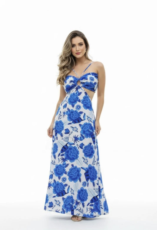 Vestido longo com estampa floral azul, modelo frente com alças finas cruzadas e recorte central — Dress Eleven moda feminina elegante.