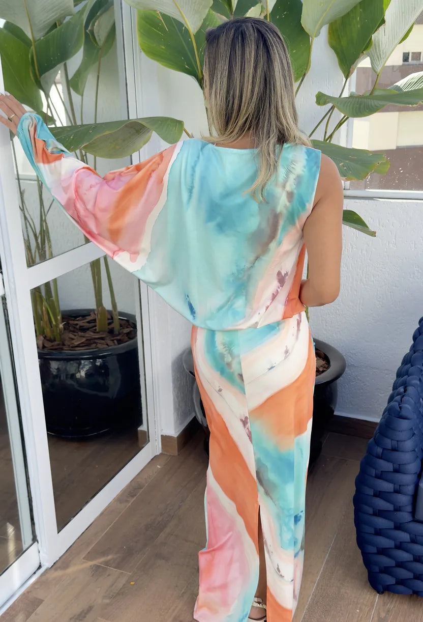 Vestido longo Candy estampado da Dress Eleven com caimento fluido e saia ampla