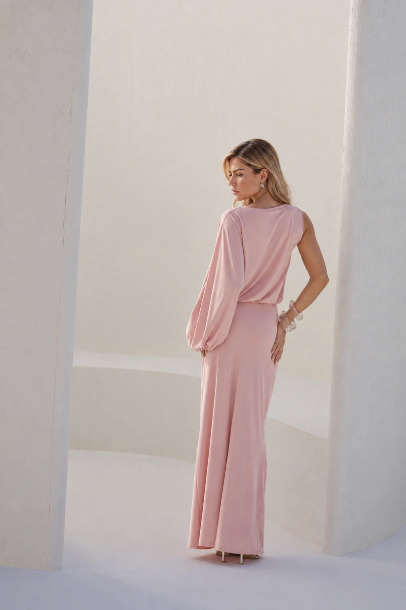 Vestido longo Candy rosa da Dress Eleven em malha fluit, caimento fluido e saia longa