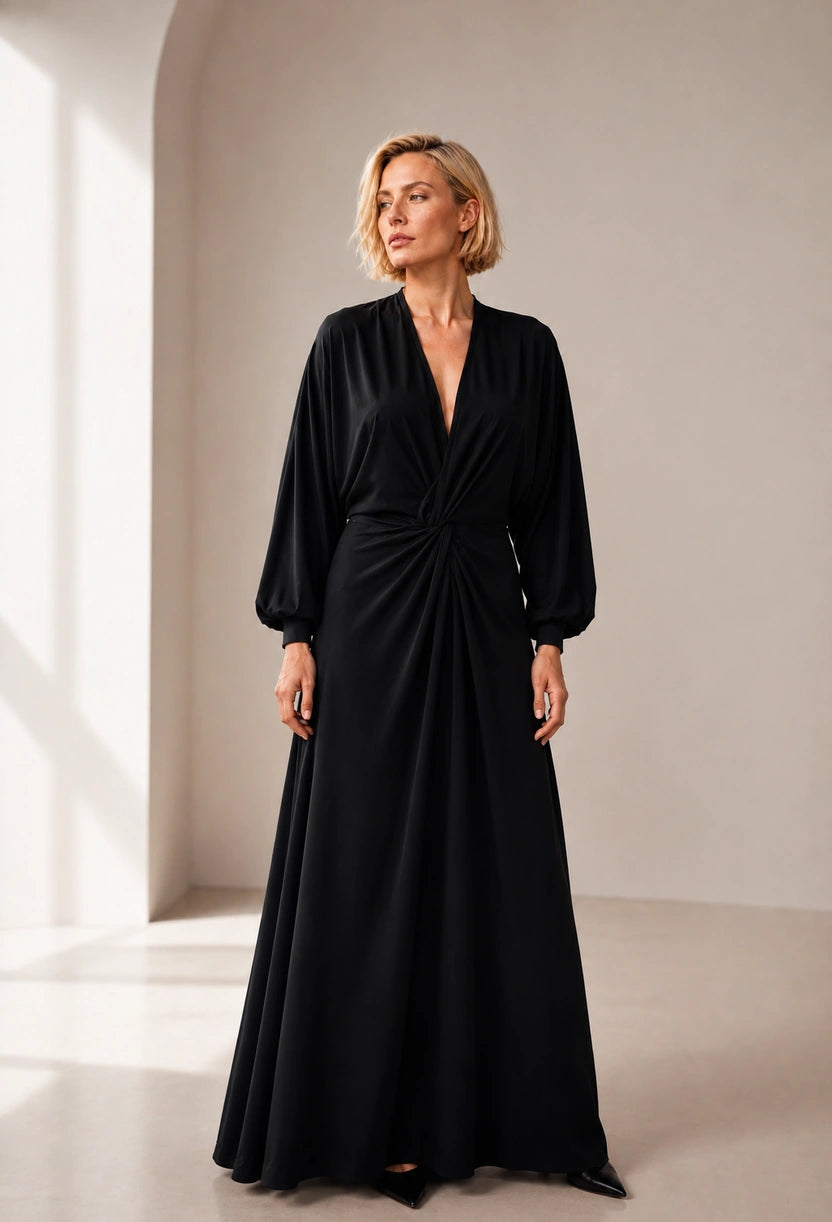 Vestido longo Dira Dress Eleven preto, vista traseira com manga morcego ampla.