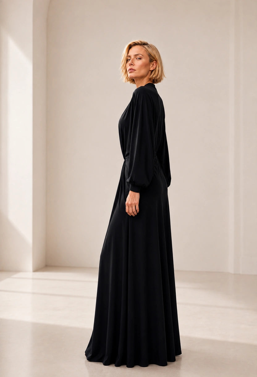 Vestido longo Dira Dress Eleven preto, vista lateral mostrando caimento fluido.