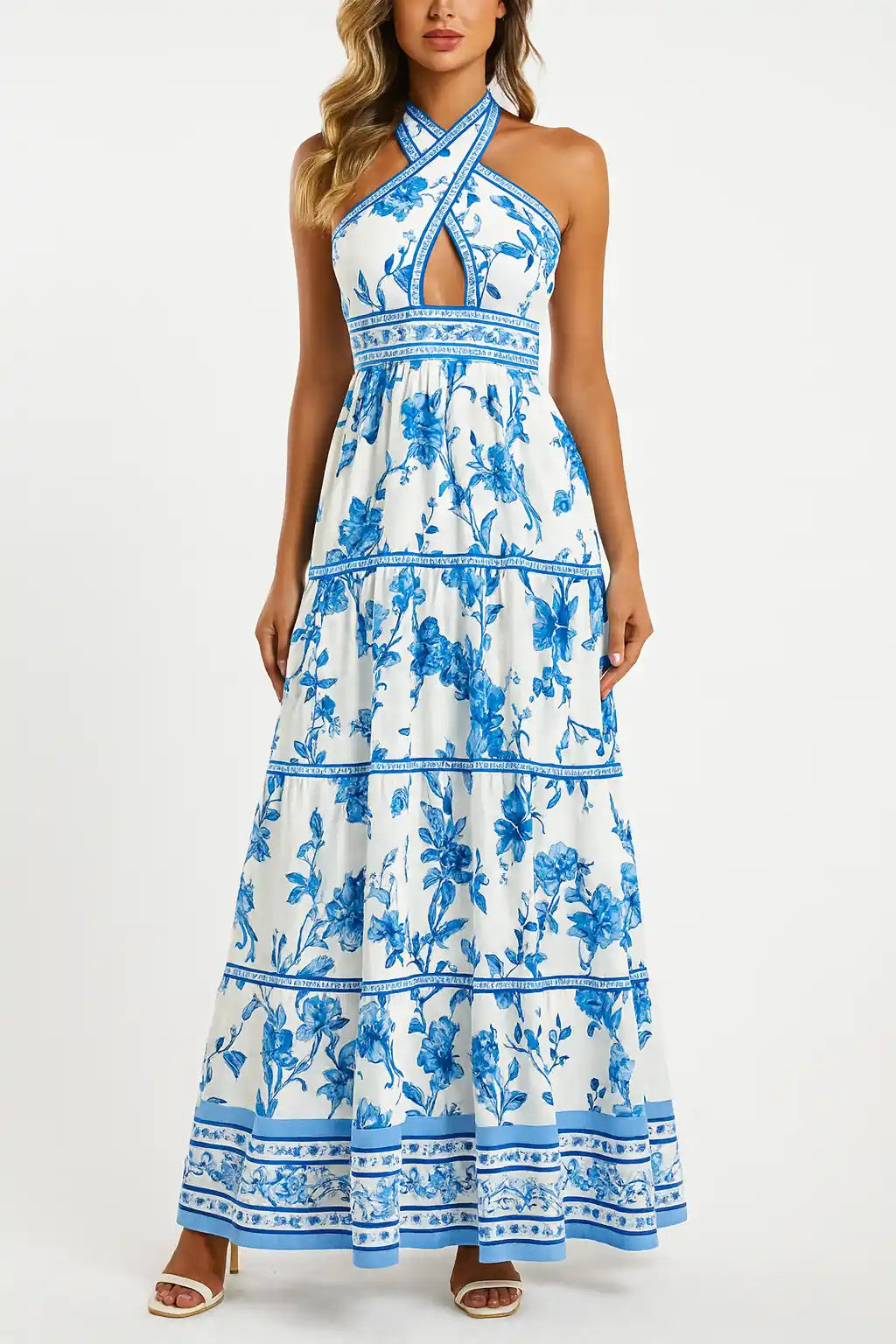 Vestido longo estampado, vista frontal completa, com decote cruzado e caimento fluido