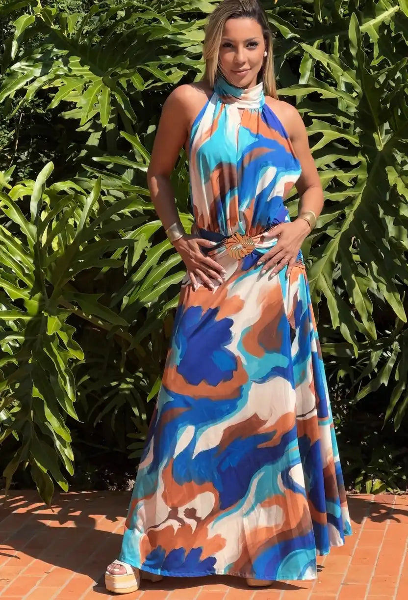 Vestido longo estampado para casamento de dia e almoço social