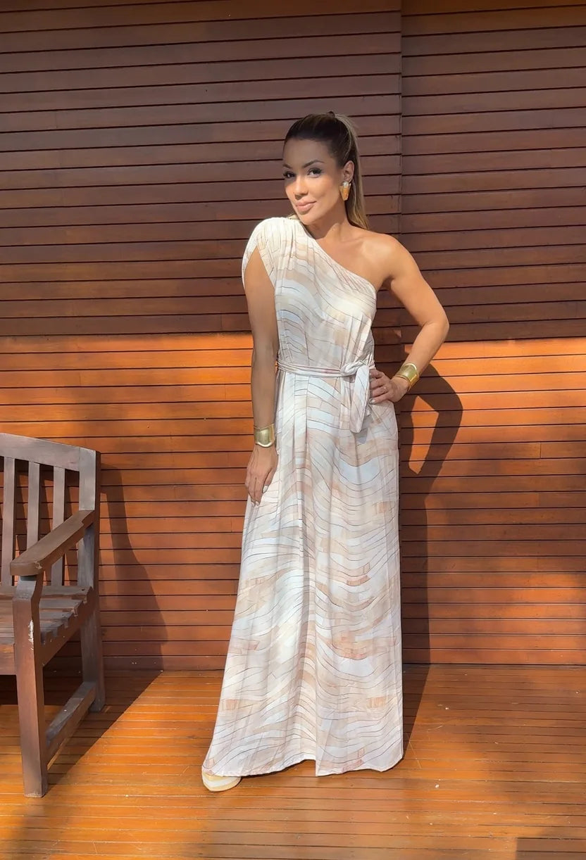 Vestido longo estampado com fenda para festa e casamento
