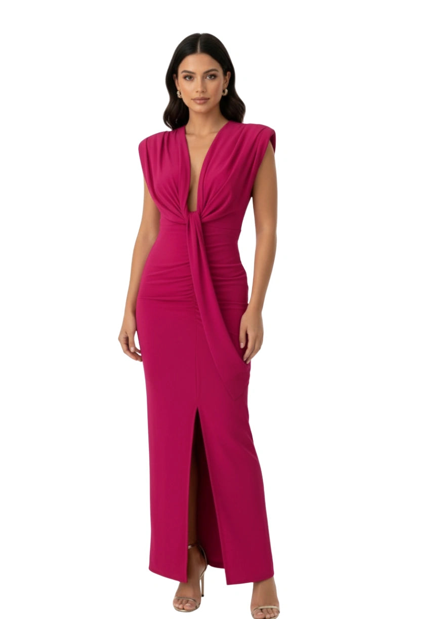 Vestido Longo Feminino Penélope Dress Eleven rosa pink, com decote elegante e fenda frontal que valoriza a silhueta.