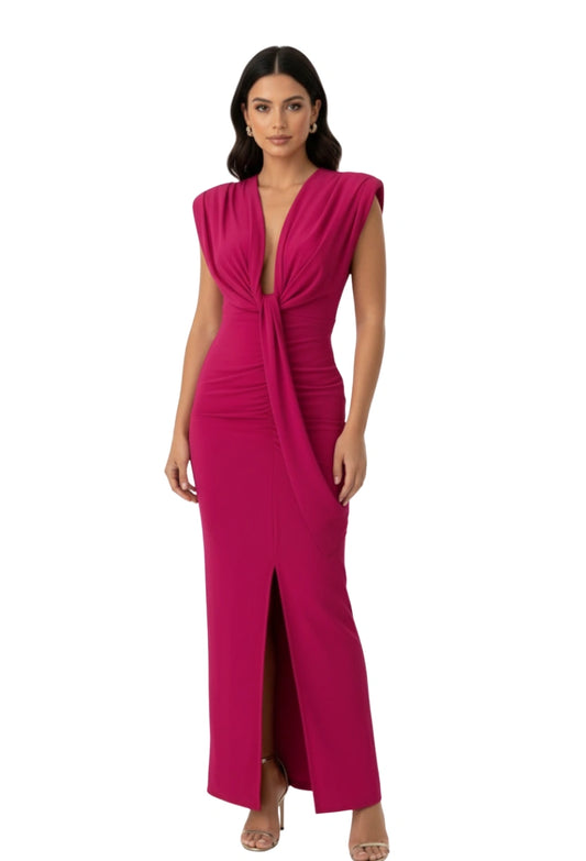 Vestido Longo Feminino Penélope Dress Eleven rosa pink, com decote elegante e fenda frontal que valoriza a silhueta.