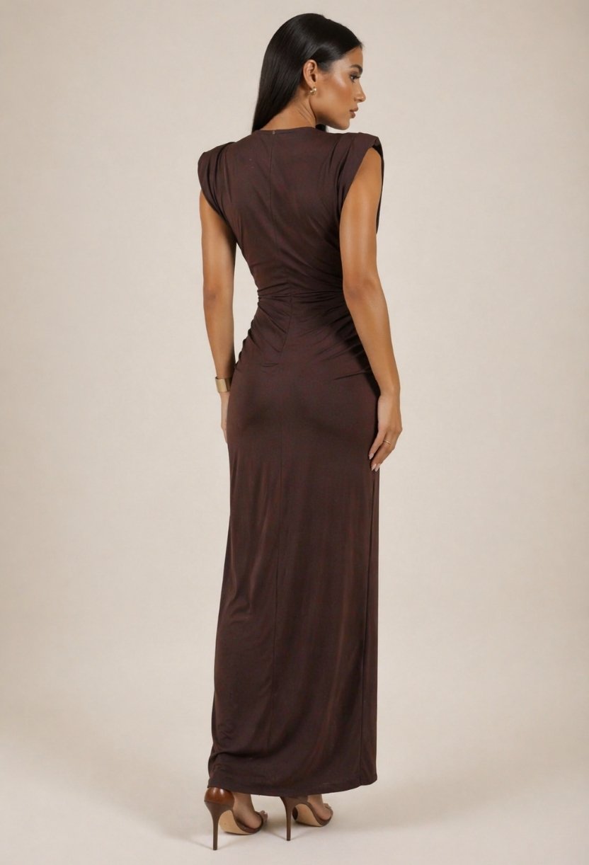 Modelo usa o Vestido Longo Desirée da Dress Eleven visto de costas, com detalhe de nó central e fenda sutil que valoriza o caimento elegante da peça.