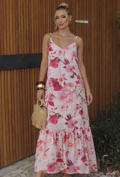 Vestido longo floral feminino com alcinha ajustável e caimento fluido elegante Dress Eleven